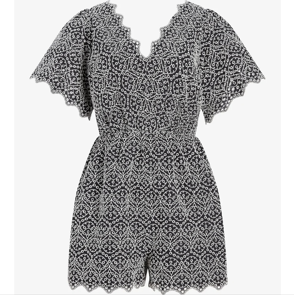 Express Scalloped Embroidered Lace Romper In Pitch Black - Size XS